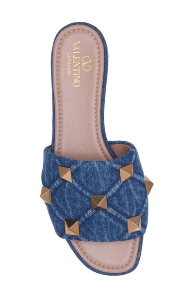 Valentino Roman Stud Denim Slide Sandals In Denim