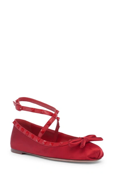 Shop Valentino Rockstud Ankle Strap Ballet Flat In Red