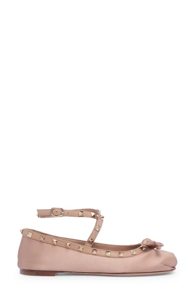 Shop Valentino Rockstud Ankle Strap Ballet Flat In Rose