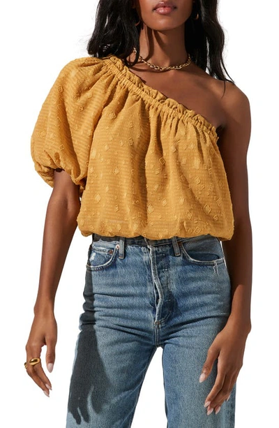 Shop Astr Jacquard One-shoulder Bubble Hem Blouse In Mustard