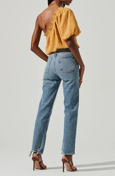 Astr Jacquard One-shoulder Bubble Hem Blouse In Mustard