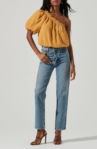 Astr Jacquard One-shoulder Bubble Hem Blouse In Mustard