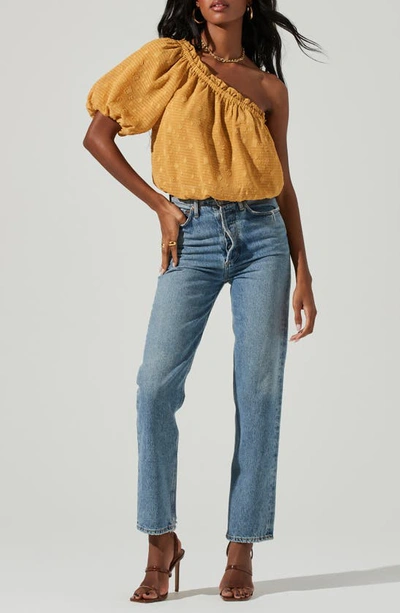 Astr Jacquard One-shoulder Bubble Hem Blouse In Mustard