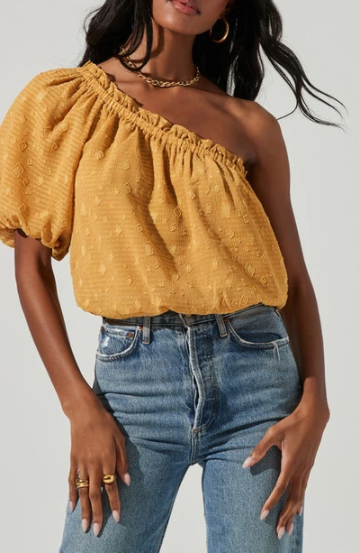 Astr Jacquard One-shoulder Bubble Hem Blouse In Mustard