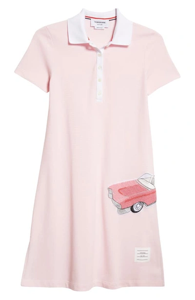 Shop Thom Browne Car Bouclé Patch Embroidered Short Sleeve Silk Piqué Polo Dress In Light Pink