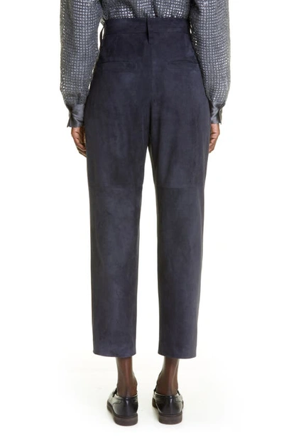 Shop Brunello Cucinelli Pleated Suede Crop Trousers In C8901-night Sky
