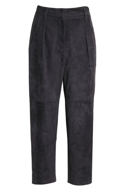 Shop Brunello Cucinelli Pleated Suede Crop Trousers In C8901-night Sky