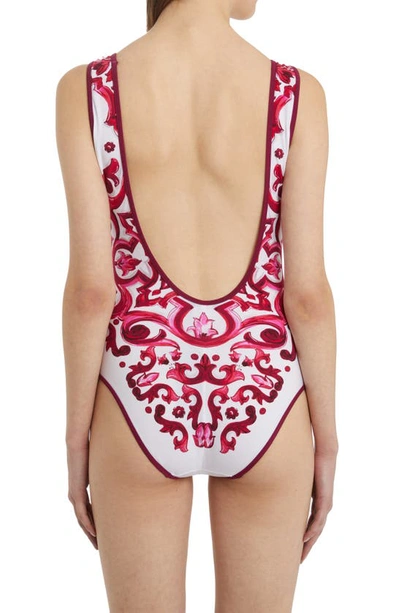 Shop Dolce & Gabbana Majolica Print One-piece Swimsuit In White/ Fuchsia