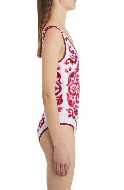 Shop Dolce & Gabbana Majolica Print One-piece Swimsuit In White/ Fuchsia