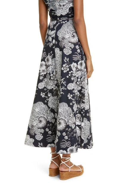 Shop Lela Rose Seascape Print Cotton Poplin A-line Skirt In Navy