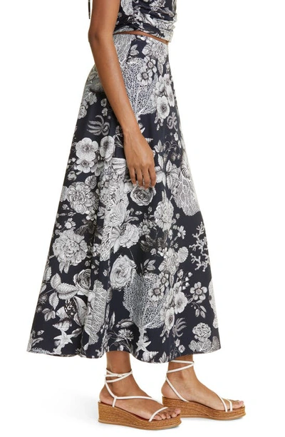 Shop Lela Rose Seascape Print Cotton Poplin A-line Skirt In Navy