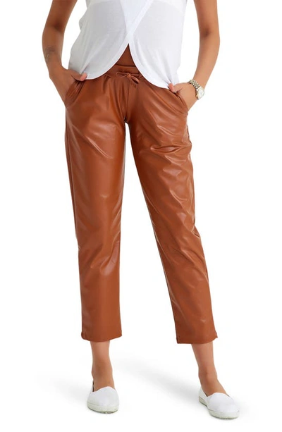 Shop Accouchée Foldover Waistband Faux Leather Maternity Pants In Toffee
