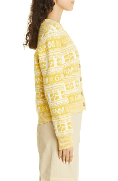 Shop Ganni Logo Wool Blend Cardigan In Maize