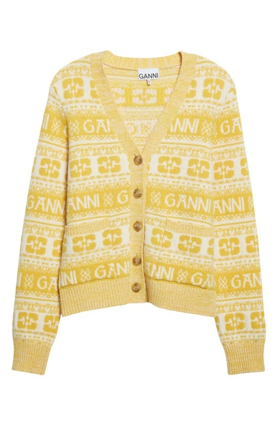 Shop Ganni Logo Wool Blend Cardigan In Maize