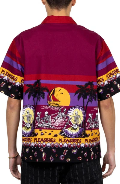 Shop Pleasures Beach Print Short Sleeve Button-up Camp Shirt In Burgundy
