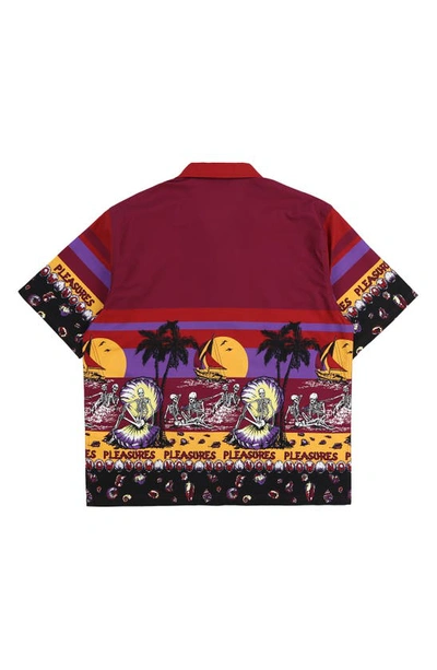 Shop Pleasures Beach Print Short Sleeve Button-up Camp Shirt In Burgundy