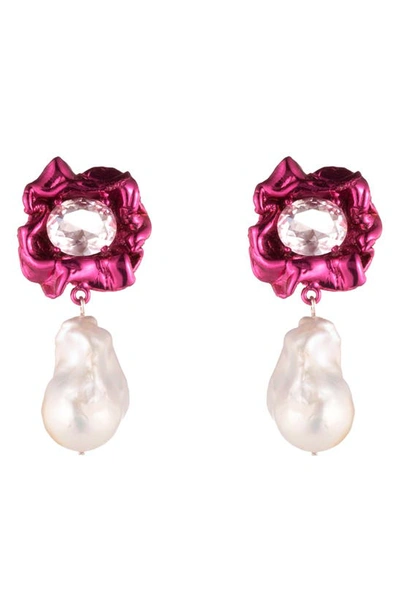 Shop Sterling King Lola Floral Baroque Pearl Drop Earrings In Fuchsia