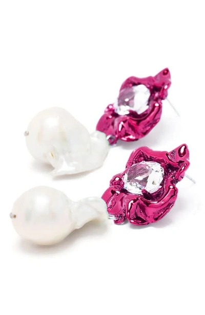 Sterling King Lola Floral Baroque Pearl Drop Earrings In Fuchsia