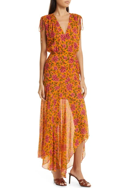 Shop Veronica Beard Dovima Floral Asymmetric Silk Maxi Dress In Hot Orange Multi