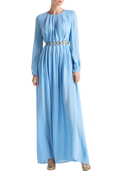 Shop St John Chain Detail Long Sleeve Silk Georgette Dress In Cornflower