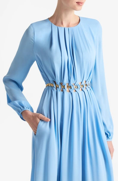Shop St John Chain Detail Long Sleeve Silk Georgette Dress In Cornflower