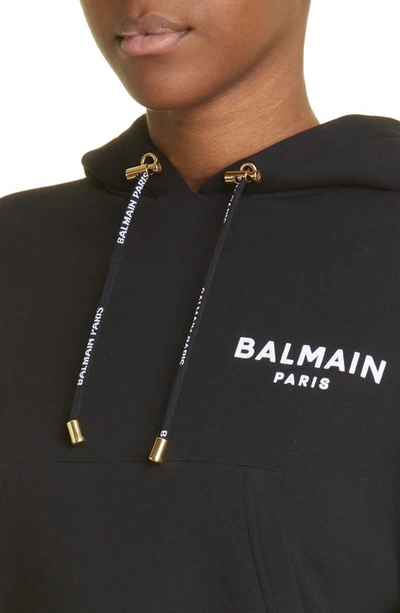 Shop Balmain Flocked Logo Cotton Crop Hoodie In Eab Black/ White