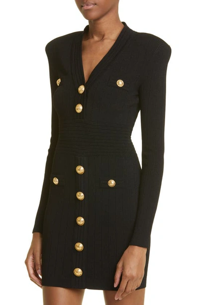 Balmain Short Knitted Dress With Gold Buttons In Black