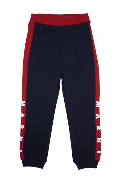 Shop Marni Colorblock In Fleece Jogger Pants With Logo Bands In Blue