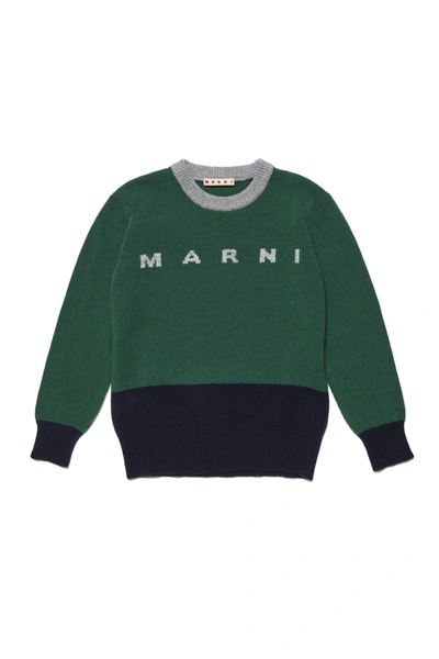Shop Marni Colorblock Wool-blend Crew-neck Sweater With Logo In Green