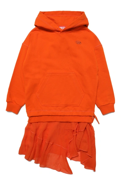 Shop Diesel Chiffon Hooded Sweatshirt Dress With Oval D Logo In Orange