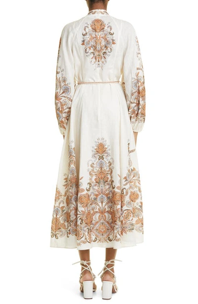 Shop Zimmermann Devi Billow Long Sleeve Linen Dress In Ivory Paisley