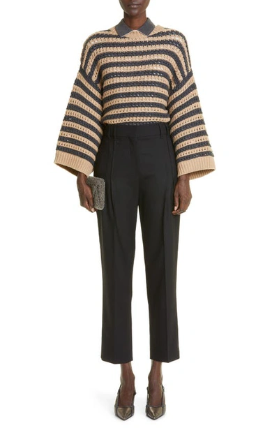 Shop Brunello Cucinelli Stripe Crochet Virgin Wool, Cashmere & Silk Sweater In Cfe23-medium Beige