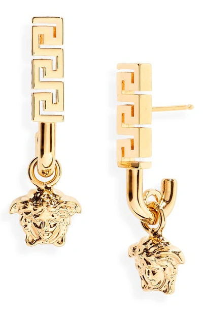 Shop Versace Medusa Greca Drop Earrings In  Gold