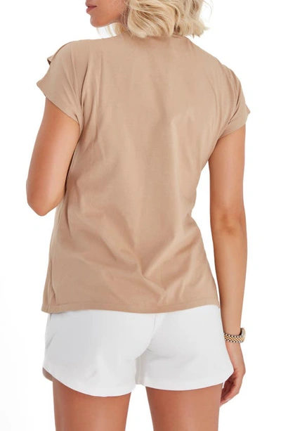 Shop Accouchée Crossover Short Sleeve Cotton Maternity/nursing Top In Beige