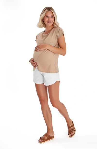 Shop Accouchée Crossover Short Sleeve Cotton Maternity/nursing Top In Beige