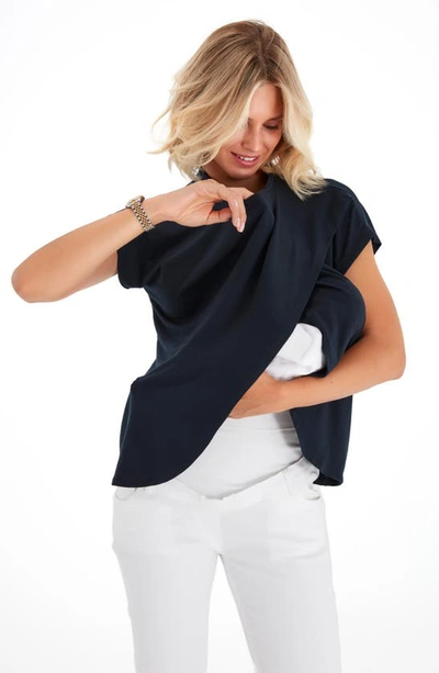 Shop Accouchée Crossover Short Sleeve Cotton Maternity/nursing Top In Navy Blue