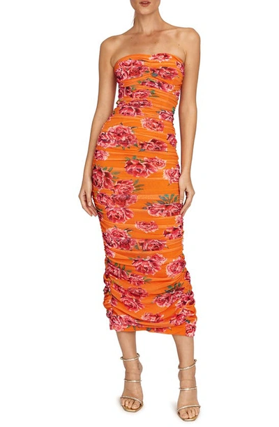 Shop Sau Lee Floral Strapless Dress In Orange/ Pink