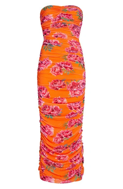 Shop Sau Lee Floral Strapless Dress In Orange/ Pink
