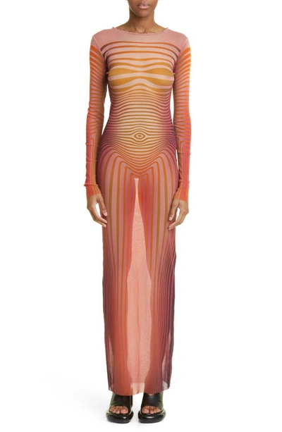 Shop Jean Paul Gaultier The Red Body Morphing Stripe Long Sleeve Tulle Maxi Dress In Red/ Orange