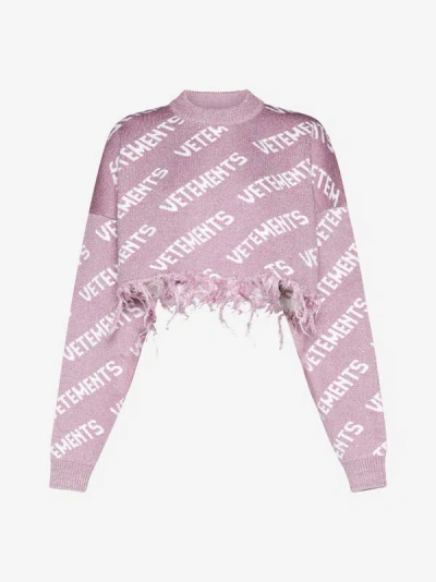 Shop Vetements Monogram Lurex Knit Cropped Sweater In Baby Pink,white