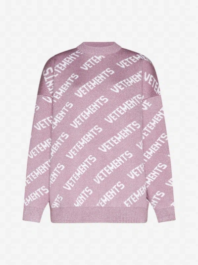 Shop Vetements Monogram Lurex Knit Sweater In Baby Pink,white