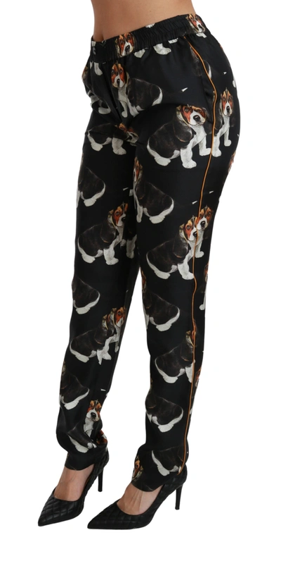 Shop Dolce & Gabbana Black Puppy Dog Mid Waist Skinny Silk Women's Pants