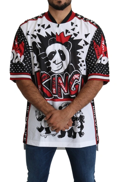 Shop Dolce & Gabbana Chic White King Panda Print Zipper Collar Men's Tee