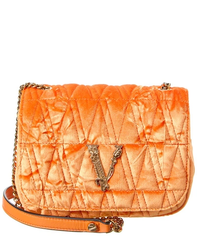 Shop Versace Virtus Quilted Velvet Shoulder Bag In Orange