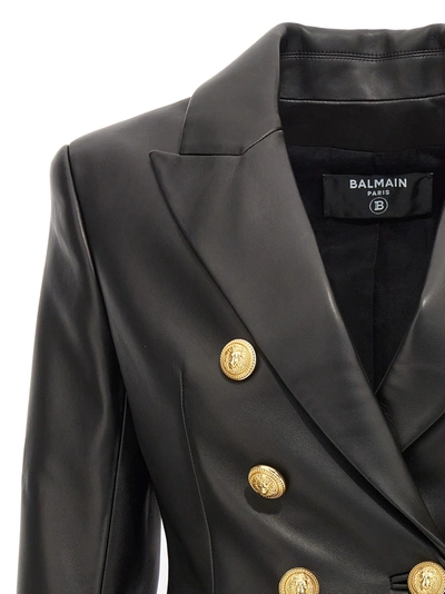 Shop Balmain Double-breasted Leather Blazer Jackets Black