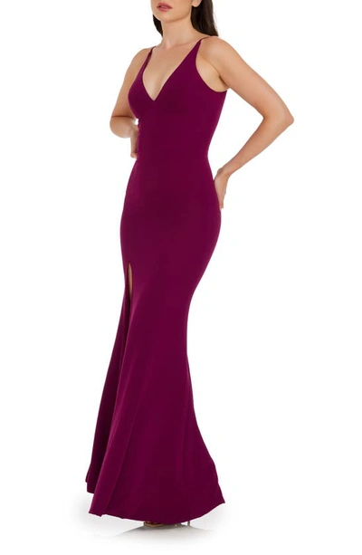 Dress The Population Iris Slit Crepe Gown In Dark Magenta