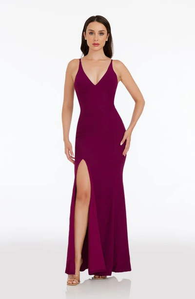 Dress The Population Iris Slit Crepe Gown In Dark Magenta