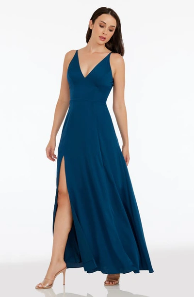 Dress The Population Iris Plunging Crepe Gown In Peacock Blue