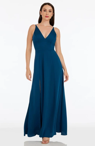 Dress The Population Iris Plunging Crepe Gown In Peacock Blue