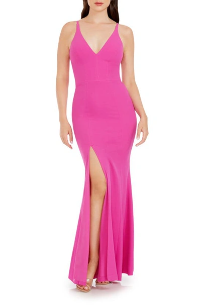 Shop Dress The Population Iris Slit Crepe Gown In Bright Fuchsia